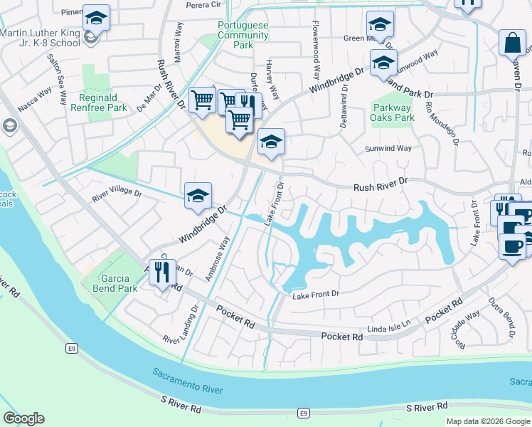 map of restaurants, bars, coffee shops, grocery stores, and more near 630 Lake Front Drive in Sacramento