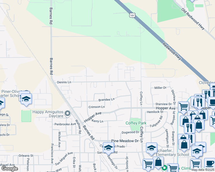 map of restaurants, bars, coffee shops, grocery stores, and more near 2028 Dennis Lane in Santa Rosa