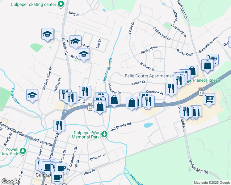map of restaurants, bars, coffee shops, grocery stores, and more near 1155 Meander Drive in Culpeper