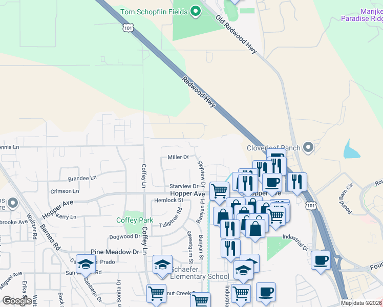 map of restaurants, bars, coffee shops, grocery stores, and more near 3845 Willowview Court in Santa Rosa