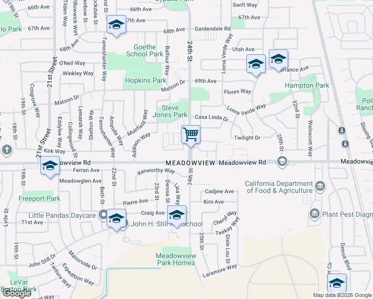 map of restaurants, bars, coffee shops, grocery stores, and more near 7578 24th Street in Sacramento