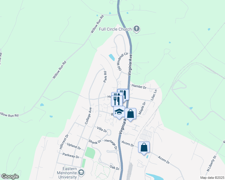map of restaurants, bars, coffee shops, grocery stores, and more near 1221 Poplar Circle in Harrisonburg