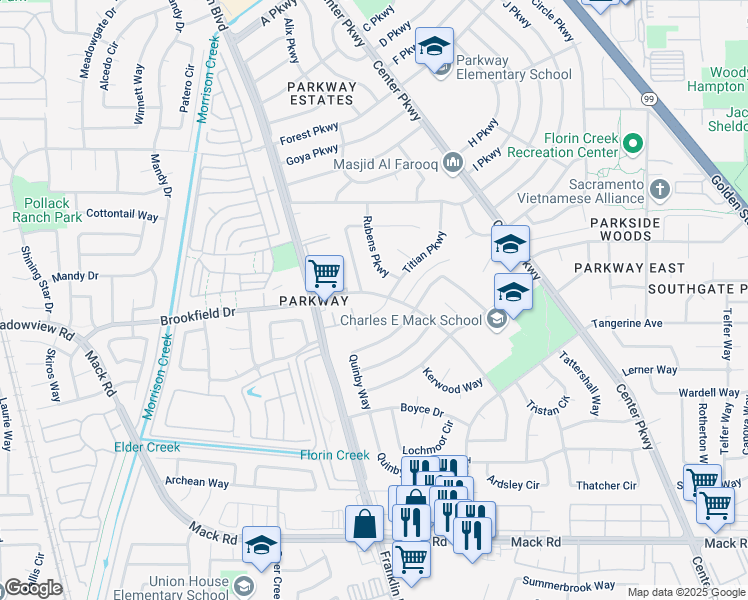 map of restaurants, bars, coffee shops, grocery stores, and more near 4524 Brookfield Drive in Sacramento