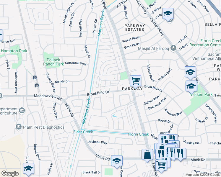 map of restaurants, bars, coffee shops, grocery stores, and more near 4205 Brookfield Drive in Sacramento