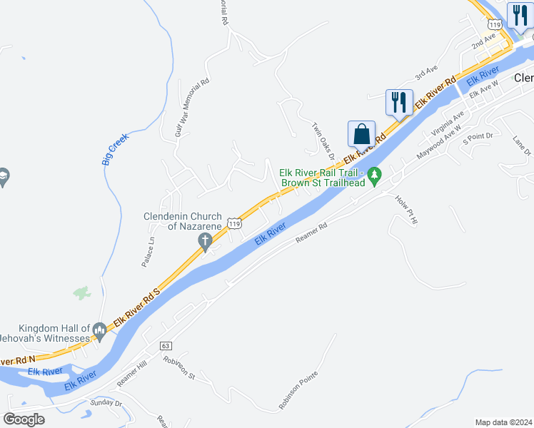 map of restaurants, bars, coffee shops, grocery stores, and more near 105 Kelly Addition Road in Clendenin