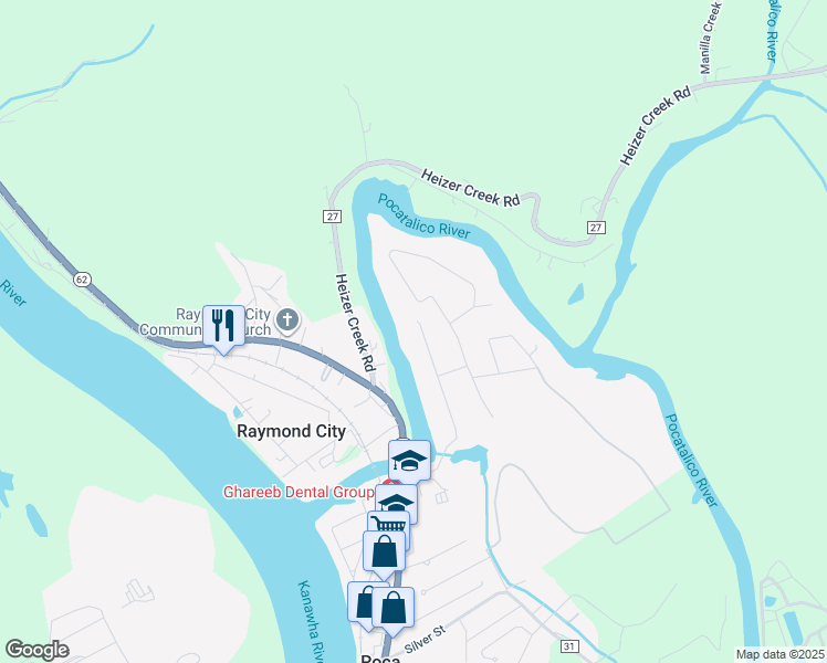 map of restaurants, bars, coffee shops, grocery stores, and more near 411 Laurel Avenue in Poca