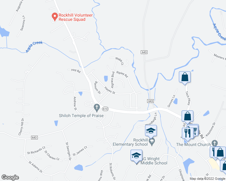 map of restaurants, bars, coffee shops, grocery stores, and more near 58 Algrace Boulevard in Stafford