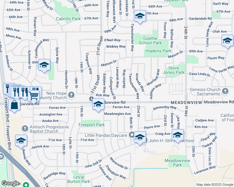 map of restaurants, bars, coffee shops, grocery stores, and more near 2177 Kirk Way in Sacramento