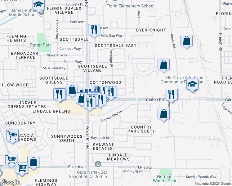 map of restaurants, bars, coffee shops, grocery stores, and more near 8205 Cottonfield Way in Sacramento