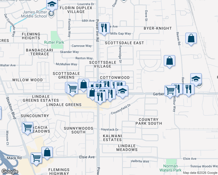 map of restaurants, bars, coffee shops, grocery stores, and more near 8144 Cottonmill Circle in Sacramento