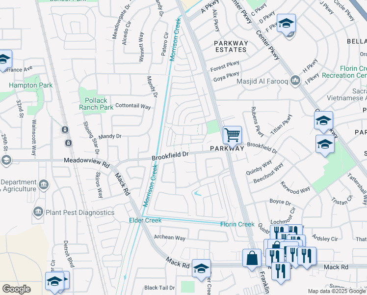 map of restaurants, bars, coffee shops, grocery stores, and more near 4171 Brookfield Drive in Sacramento