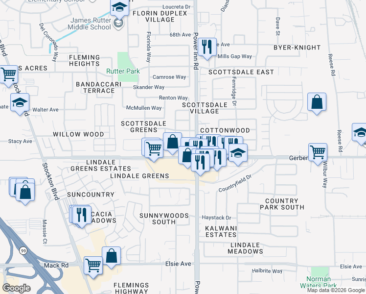 map of restaurants, bars, coffee shops, grocery stores, and more near 8024 Renton Way in Sacramento