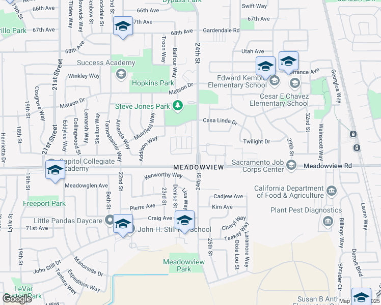 map of restaurants, bars, coffee shops, grocery stores, and more near 7578 24th Street in Sacramento