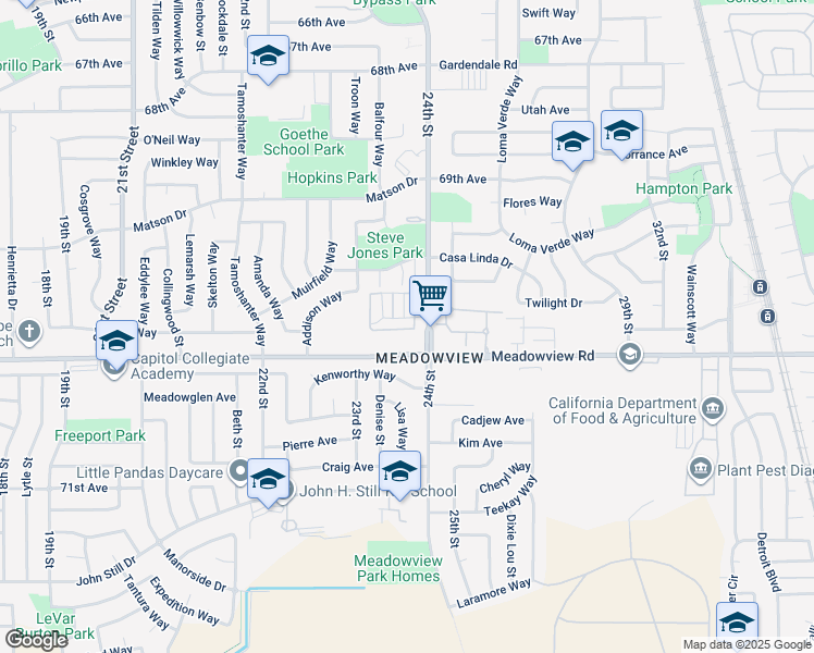 map of restaurants, bars, coffee shops, grocery stores, and more near 7578 24th Street in Sacramento
