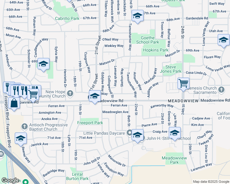 map of restaurants, bars, coffee shops, grocery stores, and more near 2177 Kirk Way in Sacramento