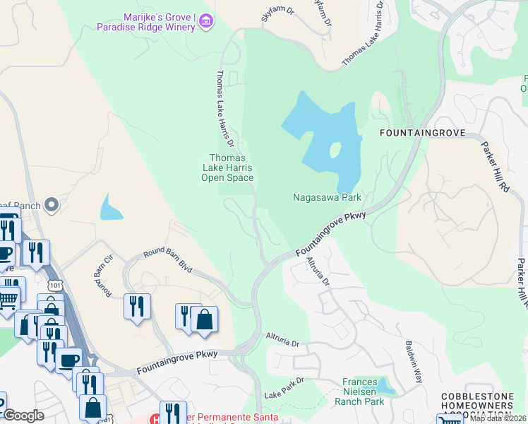 map of restaurants, bars, coffee shops, grocery stores, and more near 2118 Stonefield Lane in Santa Rosa