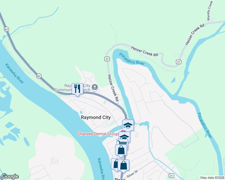 map of restaurants, bars, coffee shops, grocery stores, and more near 149 Heizer Creek Road in Poca