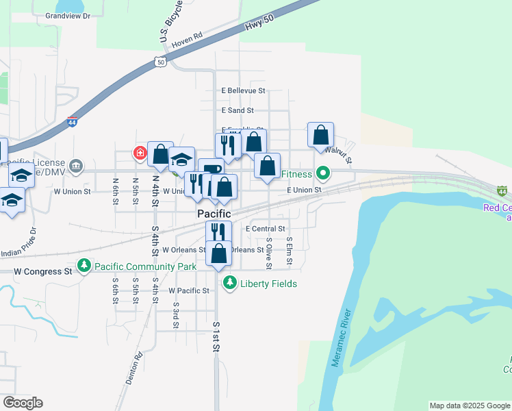map of restaurants, bars, coffee shops, grocery stores, and more near 205 East Street Louis Street in Pacific