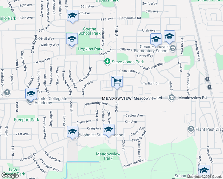 map of restaurants, bars, coffee shops, grocery stores, and more near 7578 24th Street in Sacramento