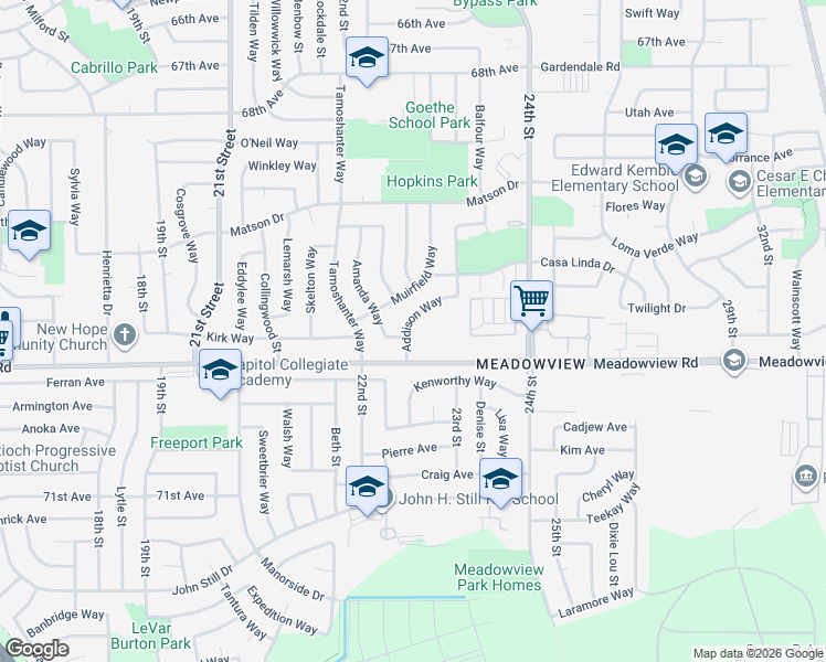map of restaurants, bars, coffee shops, grocery stores, and more near 7719 Addison Way in Sacramento