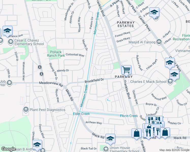 map of restaurants, bars, coffee shops, grocery stores, and more near 4135 Brookfield Drive in Sacramento
