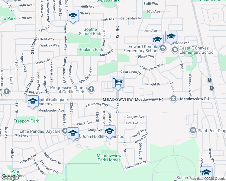 map of restaurants, bars, coffee shops, grocery stores, and more near 7578 24th Street in Sacramento