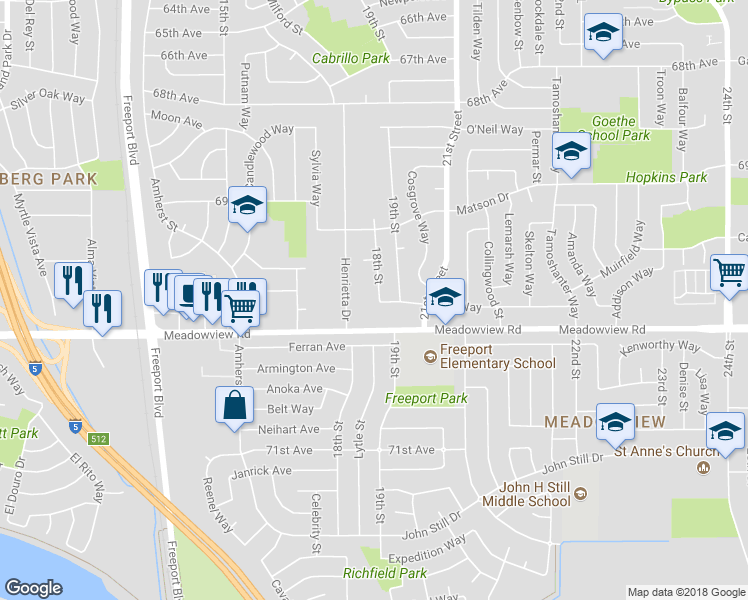 map of restaurants, bars, coffee shops, grocery stores, and more near 7580 18th Street in Sacramento