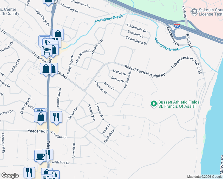 map of restaurants, bars, coffee shops, grocery stores, and more near 220 Arras Drive in St. Louis