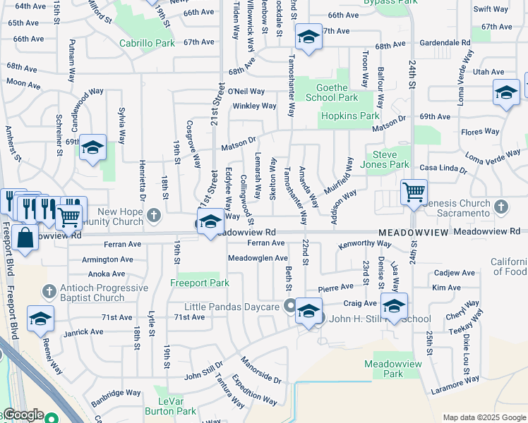 map of restaurants, bars, coffee shops, grocery stores, and more near 2177 Kirk Way in Sacramento