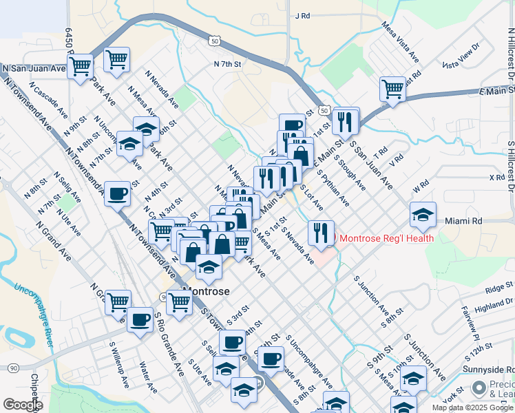 map of restaurants, bars, coffee shops, grocery stores, and more near 745 East Main Street in Montrose