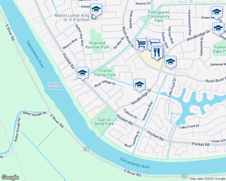 map of restaurants, bars, coffee shops, grocery stores, and more near 7741 James River Way in Sacramento