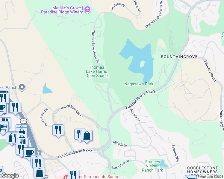 map of restaurants, bars, coffee shops, grocery stores, and more near 2118 Stonefield Lane in Santa Rosa
