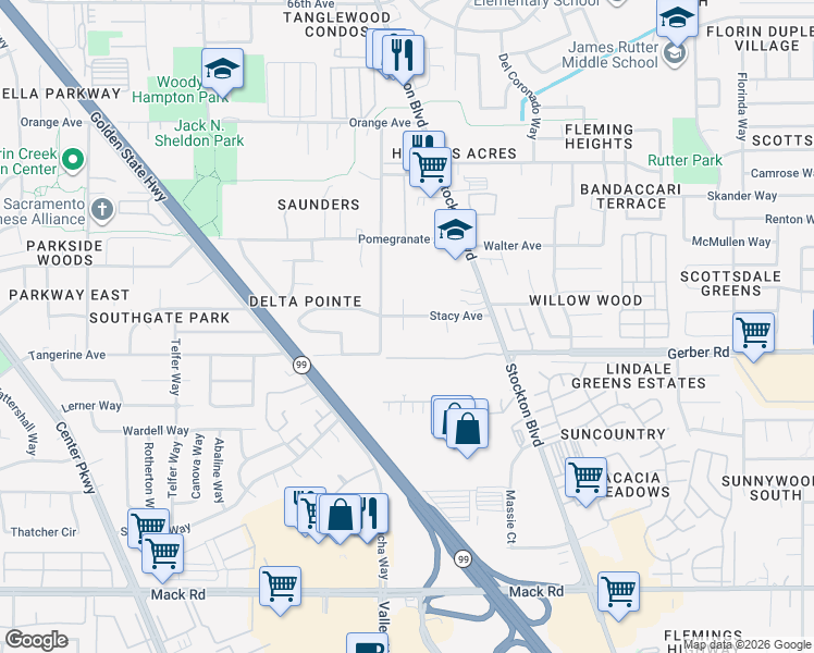 map of restaurants, bars, coffee shops, grocery stores, and more near 6516 Stacy Avenue in Sacramento