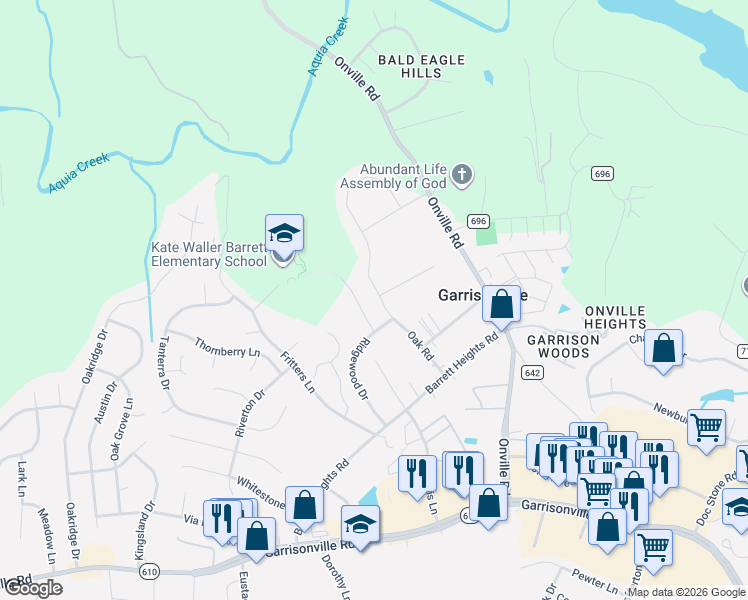 map of restaurants, bars, coffee shops, grocery stores, and more near 29 Oak Road in Stafford