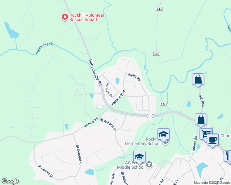 map of restaurants, bars, coffee shops, grocery stores, and more near 4 Ramsey Drive in Stafford
