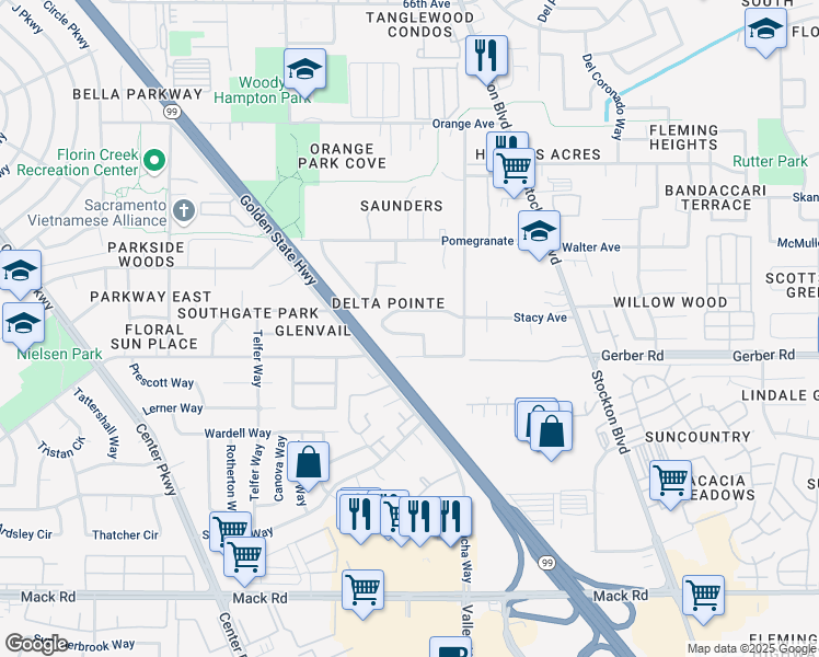map of restaurants, bars, coffee shops, grocery stores, and more near 6002 Stacy Avenue in Sacramento