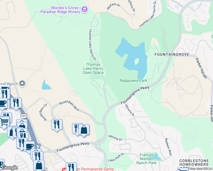 map of restaurants, bars, coffee shops, grocery stores, and more near 2118 Stonefield Lane in Santa Rosa