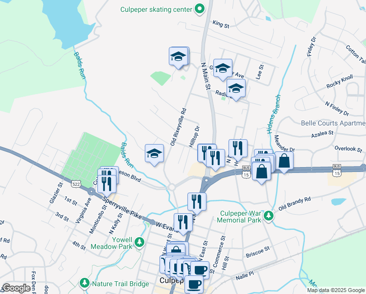 map of restaurants, bars, coffee shops, grocery stores, and more near 216 West Fairview Road in Culpeper