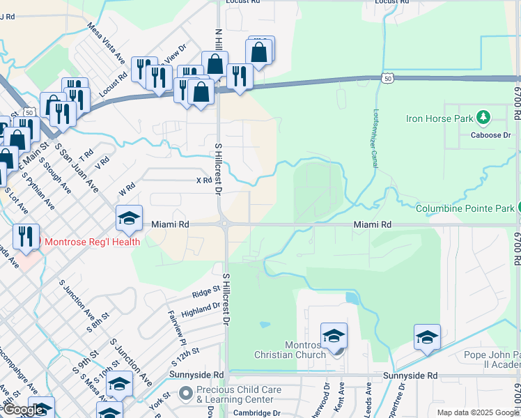 map of restaurants, bars, coffee shops, grocery stores, and more near 2125 Miami Road in Montrose