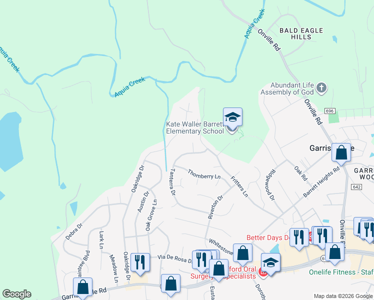 map of restaurants, bars, coffee shops, grocery stores, and more near 10 Tanterra Drive in Stafford