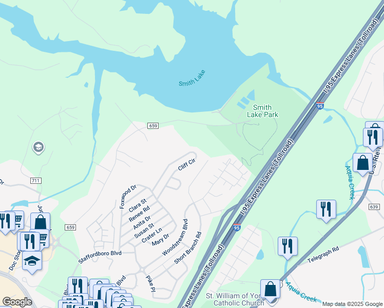 map of restaurants, bars, coffee shops, grocery stores, and more near 54 Cliff Circle in Stafford