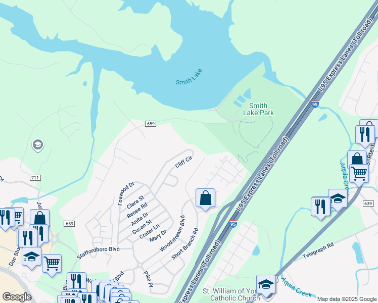 map of restaurants, bars, coffee shops, grocery stores, and more near 54 Cliff Circle in Stafford