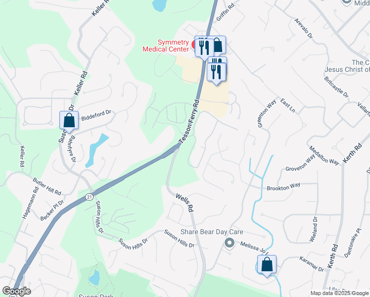 map of restaurants, bars, coffee shops, grocery stores, and more near 5661 Village Royale Lane in St. Louis