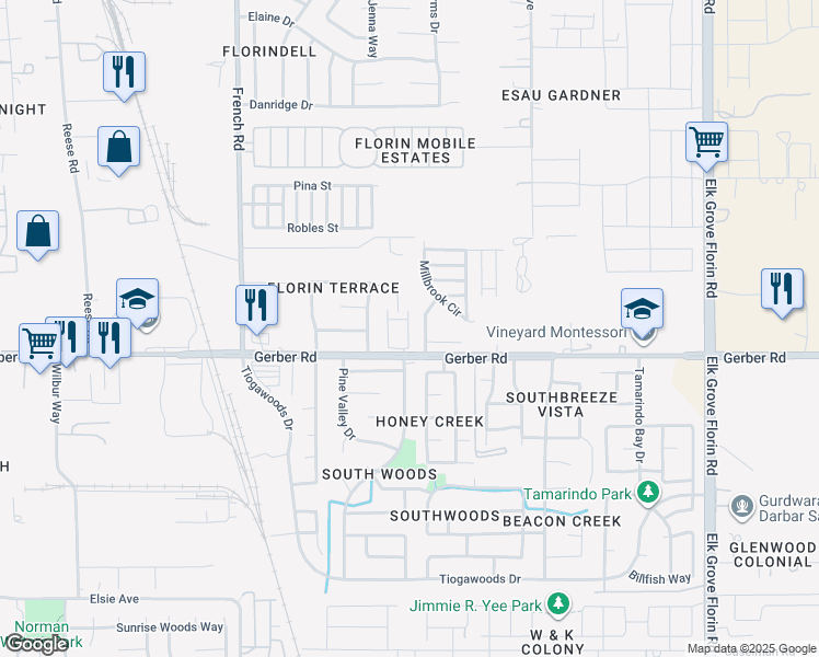 map of restaurants, bars, coffee shops, grocery stores, and more near 5 Millbrook Circle in Sacramento