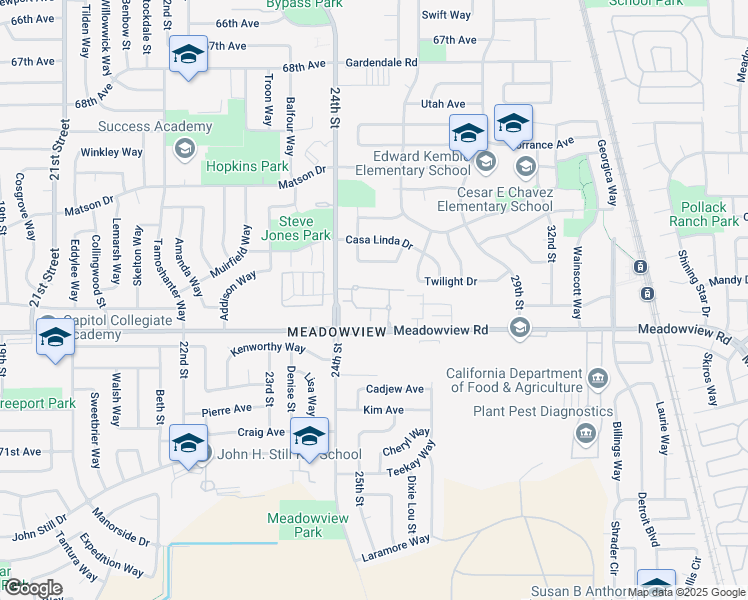 map of restaurants, bars, coffee shops, grocery stores, and more near 2451 Meadowview Road in Sacramento
