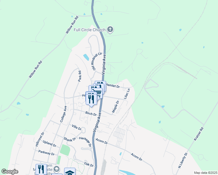 map of restaurants, bars, coffee shops, grocery stores, and more near 1175 Hamlet Dr in Harrisonburg