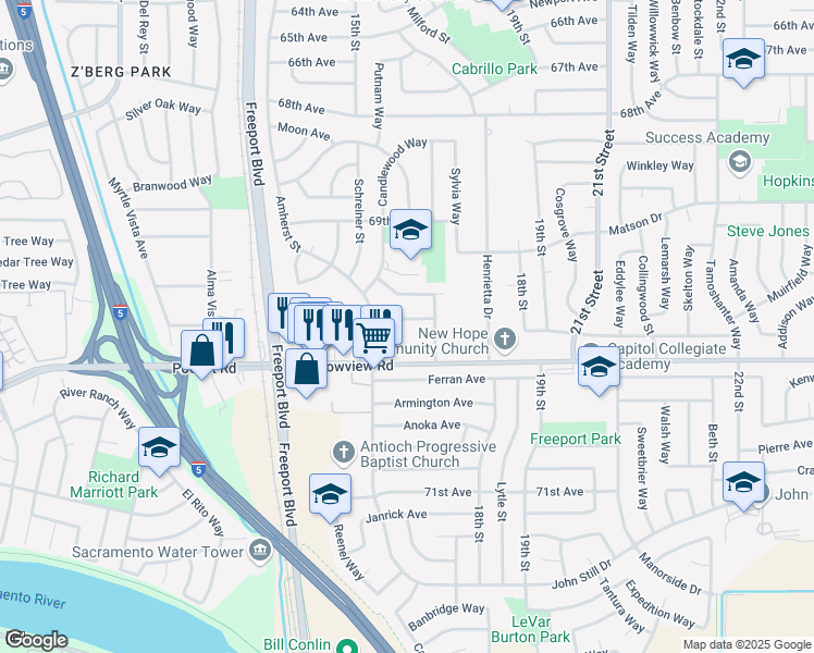 map of restaurants, bars, coffee shops, grocery stores, and more near 1590 Glidden Avenue in Sacramento
