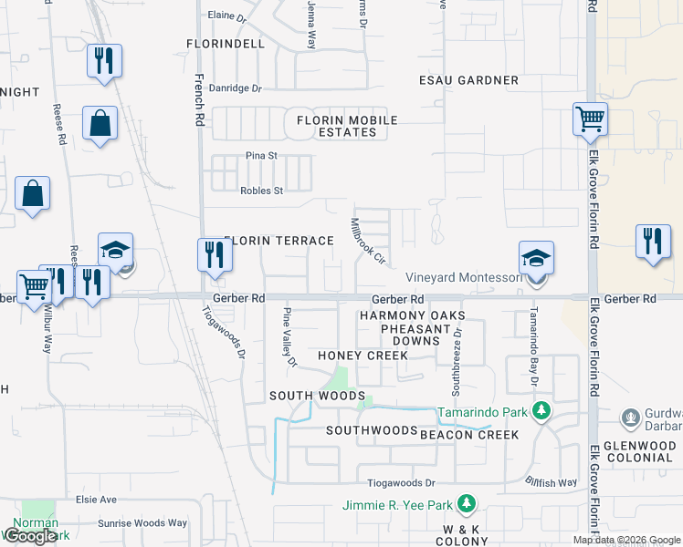 map of restaurants, bars, coffee shops, grocery stores, and more near 5 Millbrook Circle in Sacramento