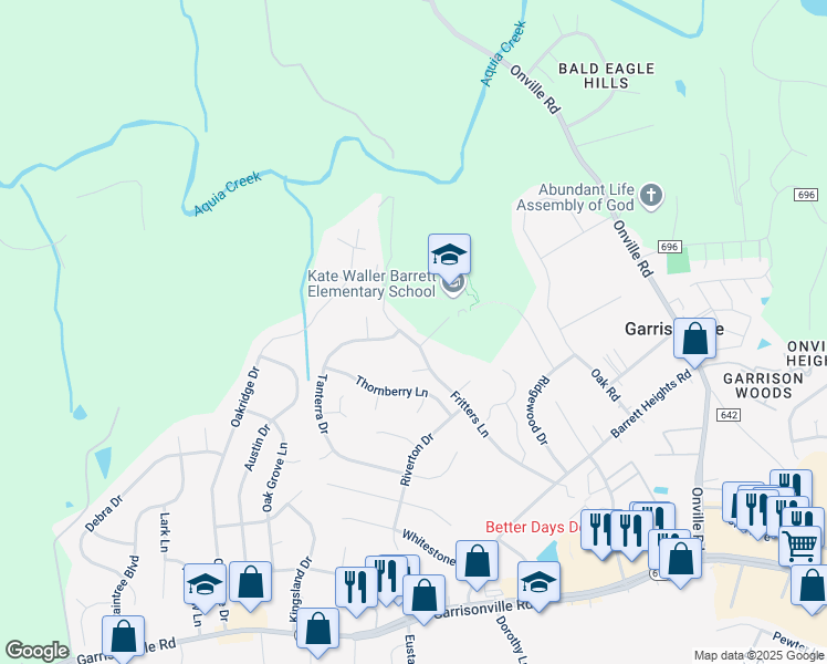 map of restaurants, bars, coffee shops, grocery stores, and more near 114 Fritters Lane in Stafford