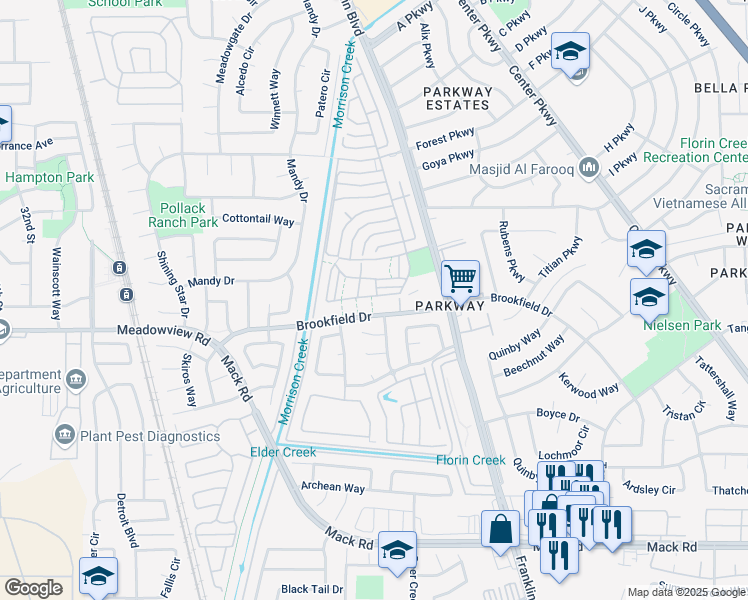 map of restaurants, bars, coffee shops, grocery stores, and more near 4199 Brookfield Drive in Sacramento